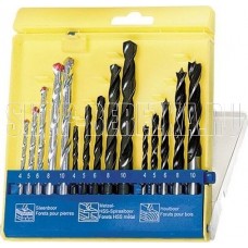 SPARTA Набор сверл по бетону, металлу, дереву 4-5-6-8-10 мм, 15 шт, пластиковый бокс, цилиндрический хвостовик 725085