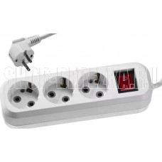 СИБИН Удлинитель электрический, ПВС сечение 0,75кв мм, 3 гнезда, макс мощн 2200Вт, 3м, заземление, выключатель 55036-3