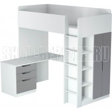 POLINI Кровать-чердак Polini kids Simple с письменным столом и шкафом, белый-серый (8кор)