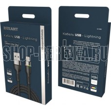 REXANT (18-7059) USB-A ? Lightning для Apple, 2,4А, 1м, в черной нейлоновой оплетке, с LED подсветкой