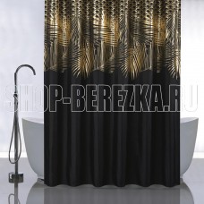 САНАКС 01-107 Штора с рисунком, золотые перья на черном, в ванную комнату, без колец - полиэстэр, 180 х 180 см