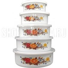 MALLONY Набор из 5 эмалированных мисок с крышками, FAMILIA, 195/340/600/850/1250 мл, цвет: белый дизайном (008764)