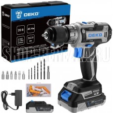DEKO DKCD20V ONE + в кейсе + набор 63 инструмента для дома, 20В, 2x2.0Ач 083-1038