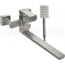 МАГНУС 9227 Смеситель для ванны, длинный излив, шаровый, с дивертором на корпусе, квадратный корпус, из нержавеющей стали марки 304, цвет САТИН