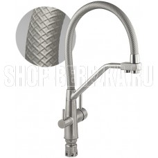МАГНУС 91131 Смеситель для кухни с гибким серым рельефным изливом, с фиксацией на изливе, для фильтрованной воды, шаровый, из нержавеющей стали марка SUS 304, цвет корпуса САТИН