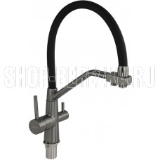 МАГНУС 91113 Смеситель для кухни с гибким чёрным изливом, с фиксацией на изливе для фильтрованной воды, шаровый, из нержавеющей стали марка 304, цвет корпуса ГРАФИТ