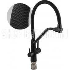 МАГНУС 91132 Смеситель для кухни с гибким чёрным рельефным изливом, с фиксацией на изливе, для фильтрованной воды, шаровый, из нержавеющей стали марка SUS 304, цвет корпуса ЧЁРНЫЙ