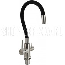 МАГНУС 91129 Смеситель для кухни, гибкий ЧЕРНЫЙ излив, шаровый, с двойным выпуском воды для фильтра, корпус из нержавеющей стали марки 304, цвет САТИН