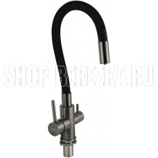 МАГНУС 91130 Смеситель для кухни, гибкий ЧЕРНЫЙ излив, шаровый, с двойным выпуском воды для фильтра, корпус из нержавеющей стали марки SUS 304, цвет ГРАФИТ