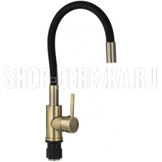 МАГНУС 92161 Смеситель для кухни, с гибким черным изливом, из нержавеющей стали марки 304, цвет корпуса БРОНЗА